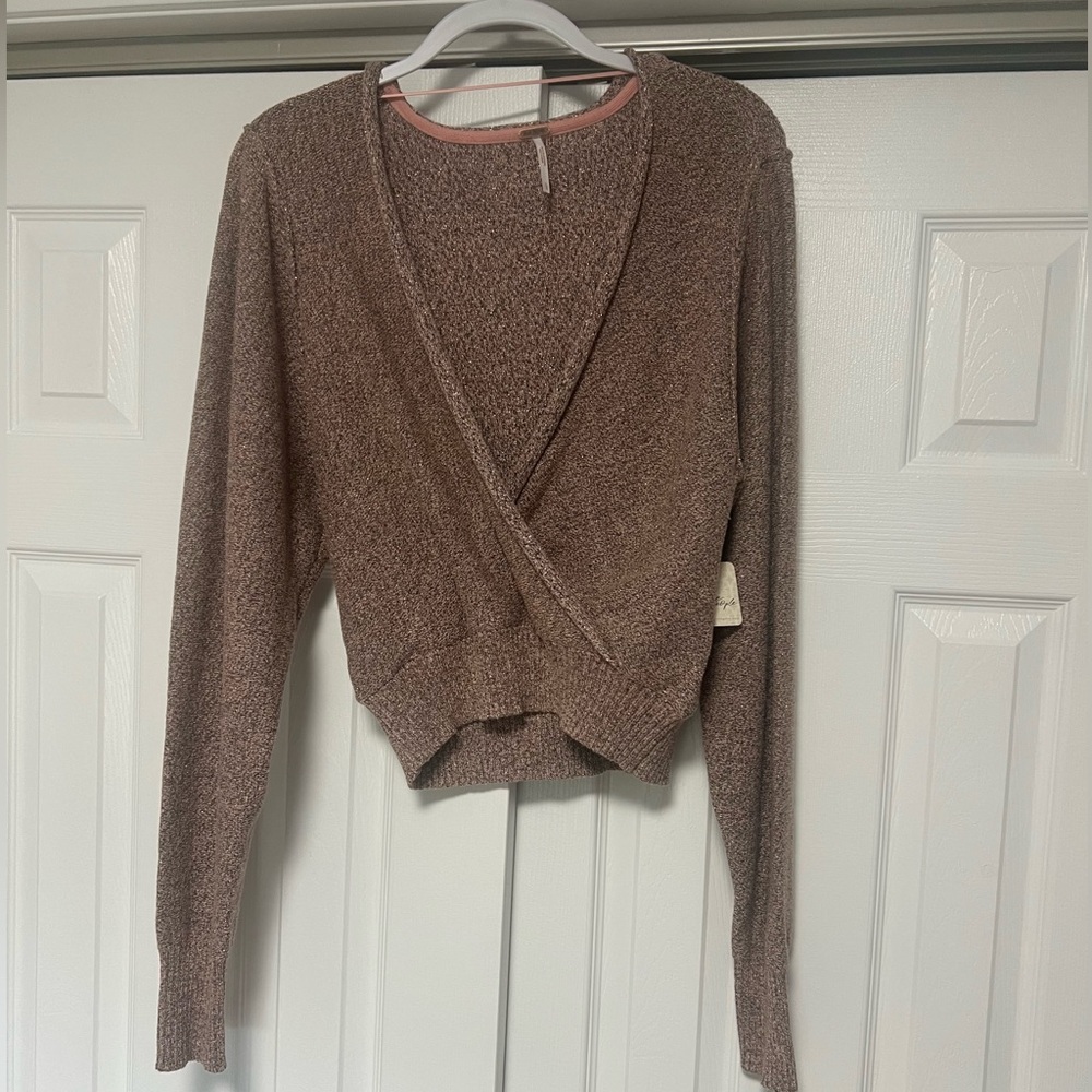 Free People Going for Gold Faux Wrap Crop Sweater Rose Gold L - Picture 5 of 11